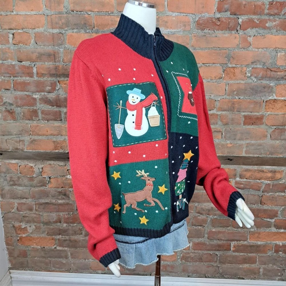 Vintage 1990s Sweater Christmas Ms Lee Red Black Green Snowman Lg Sleeves Size L